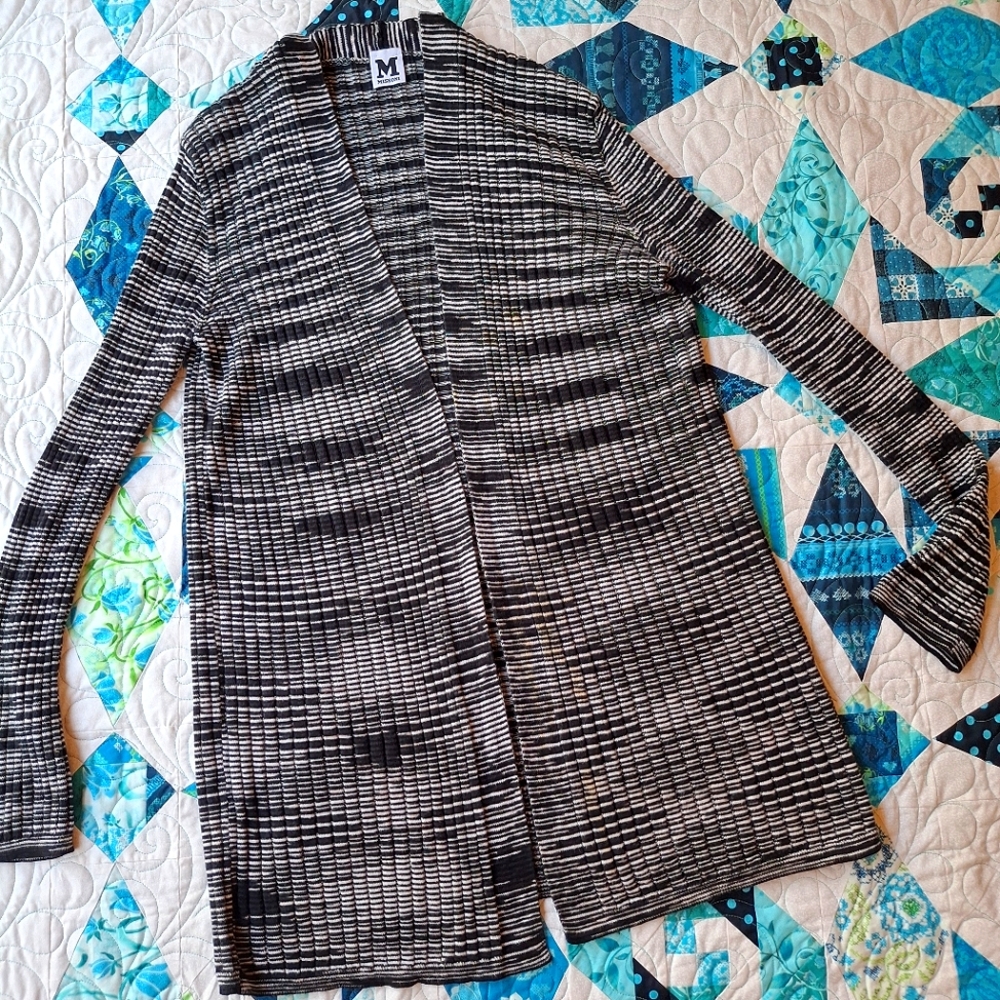Missoni | Flame Knit Black White Space Dye Open Front Cardigan Sweater 46 10 M L